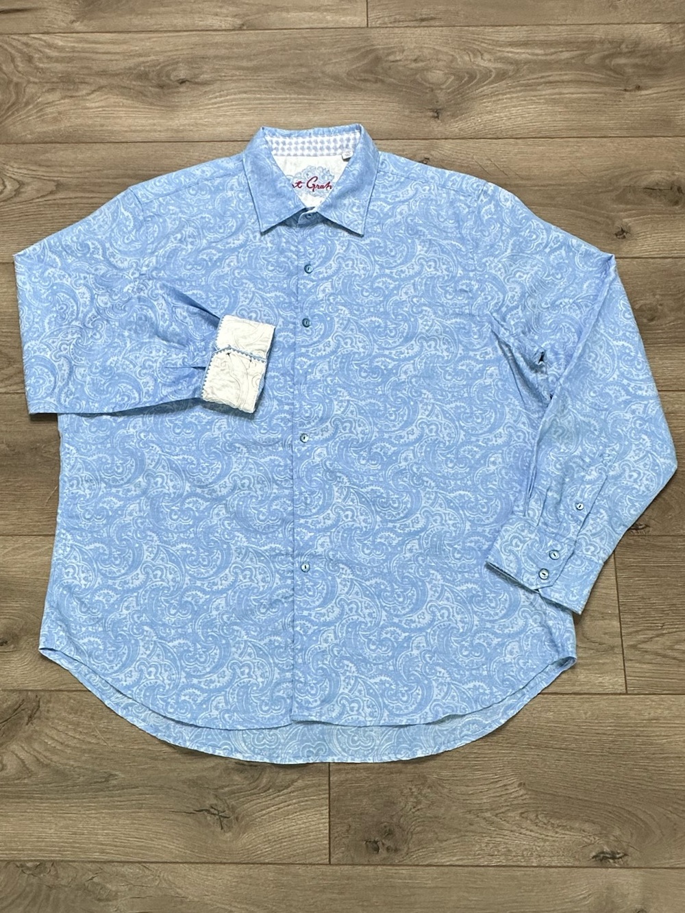 Robert Graham Linen Blend Paisley Long Sleeve Contrast Cuff Shirt Blue White 2XL